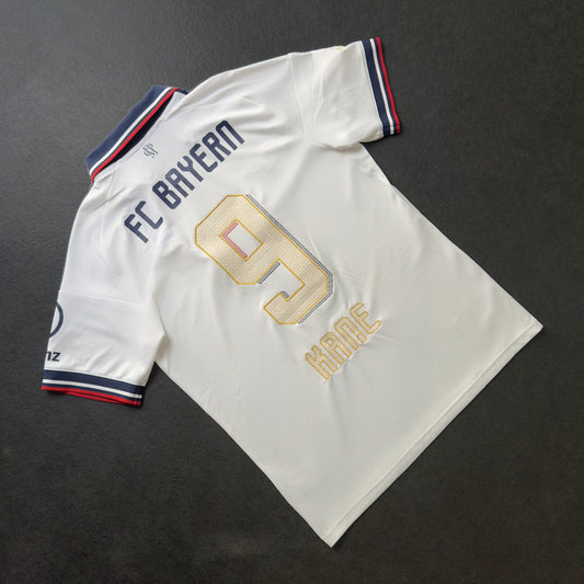 Bayern Munich 26/27 away jersey with Harry Kane's 9 and nameset embroidered in white and gold, back view