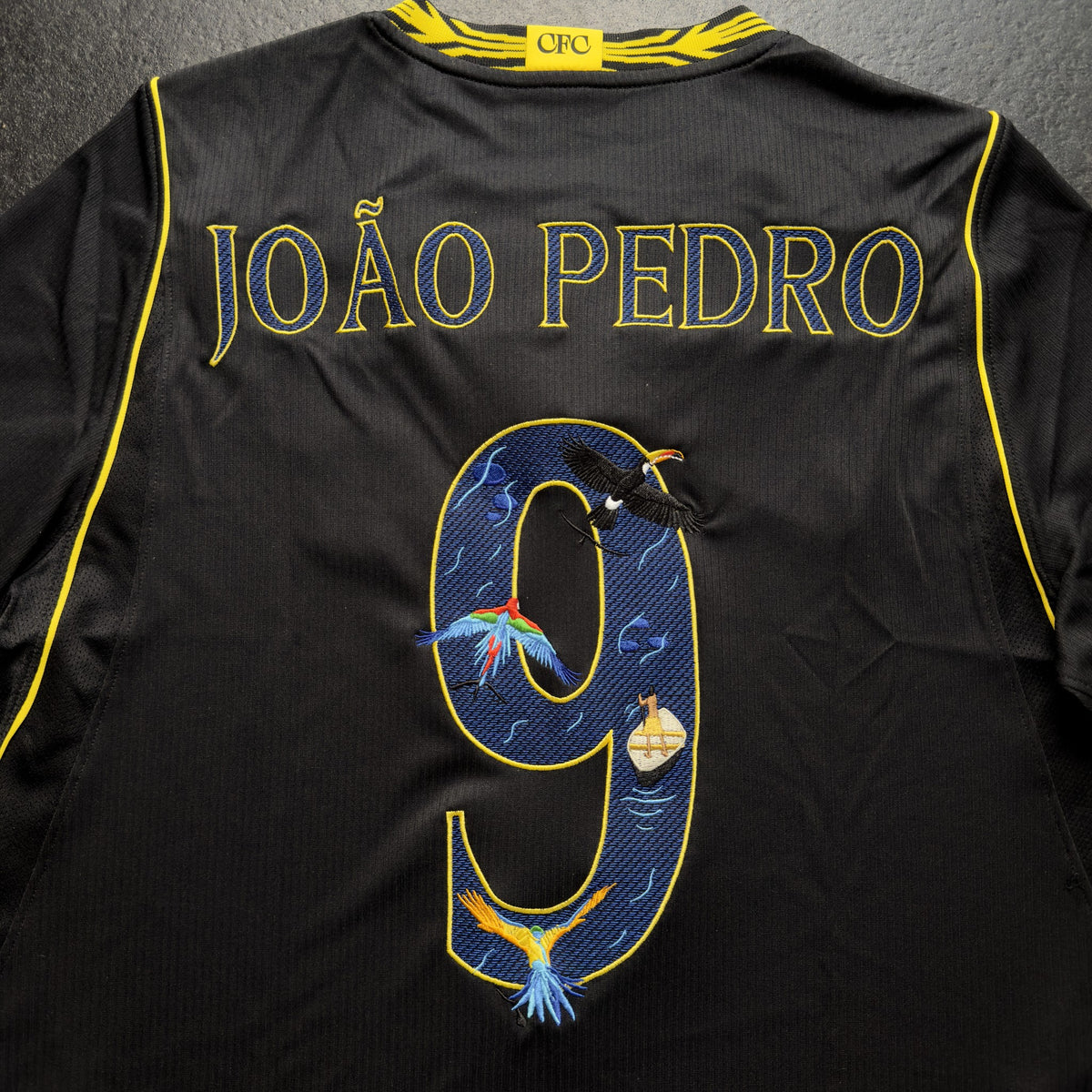 Back of the Chelsea away jersey showing JOÃO PEDRO and the 9 filled with Brazilian rainforest embroidery