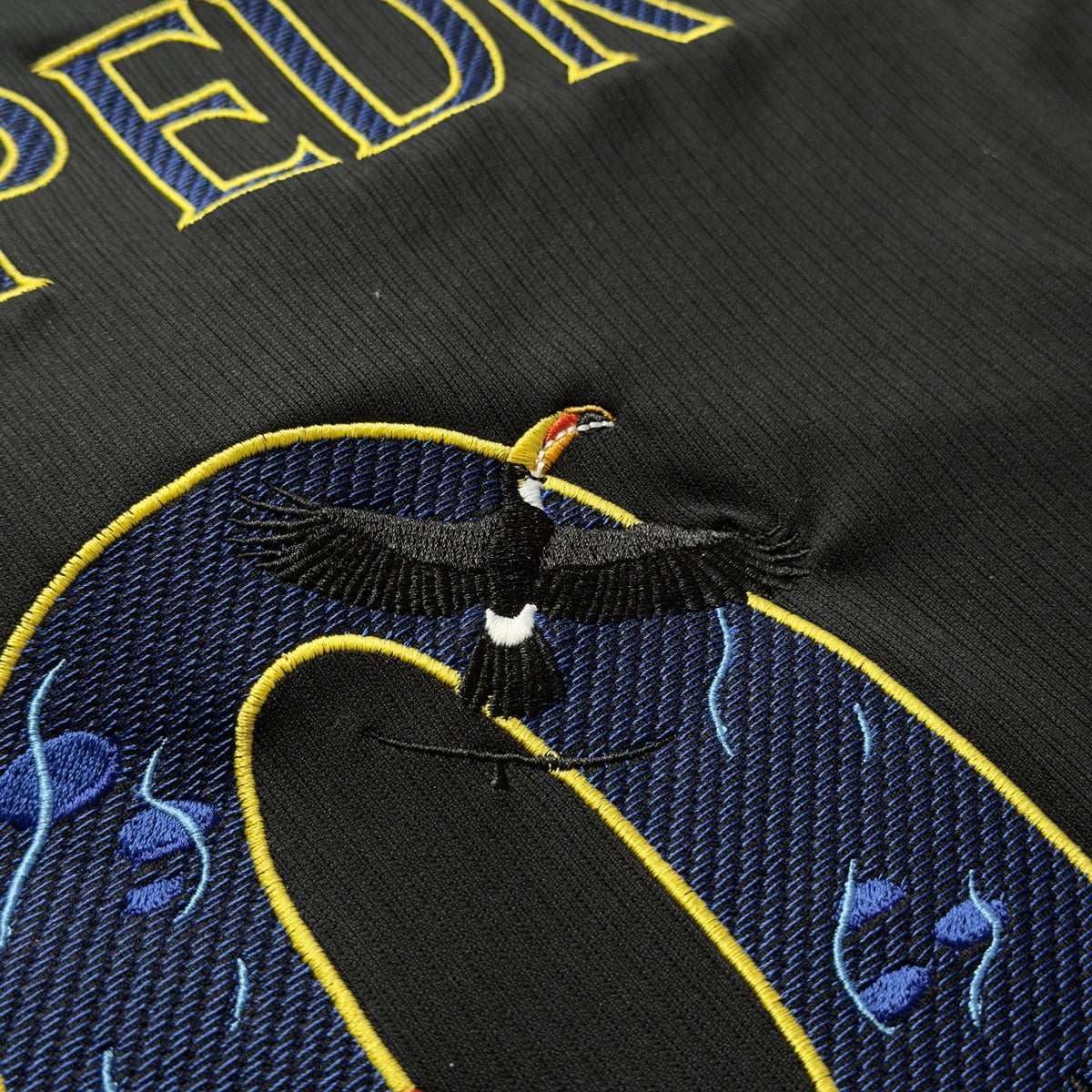 Close-up of an embroidered toucan in flight inside the 9